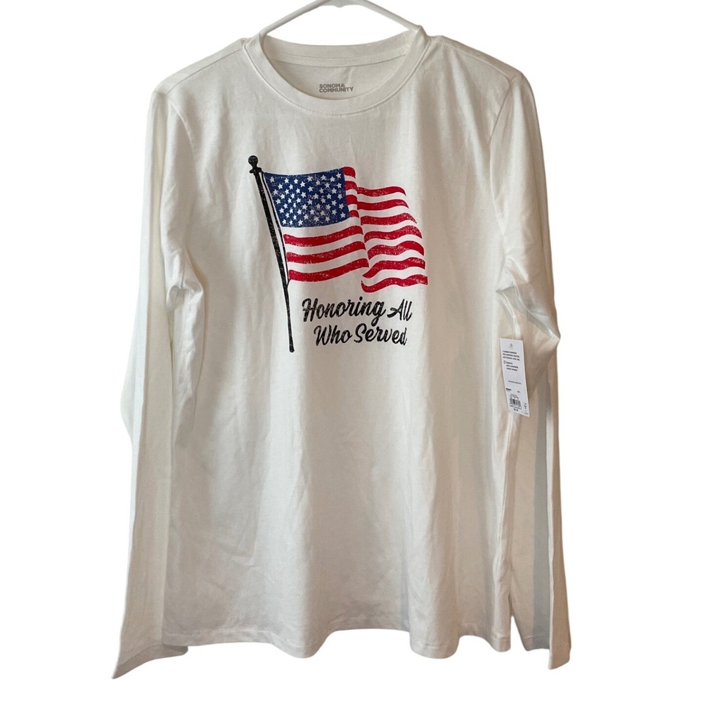 Sonoma Community Womens Long Sleeve Patriotic American Flag Graphic Tee‎ White L